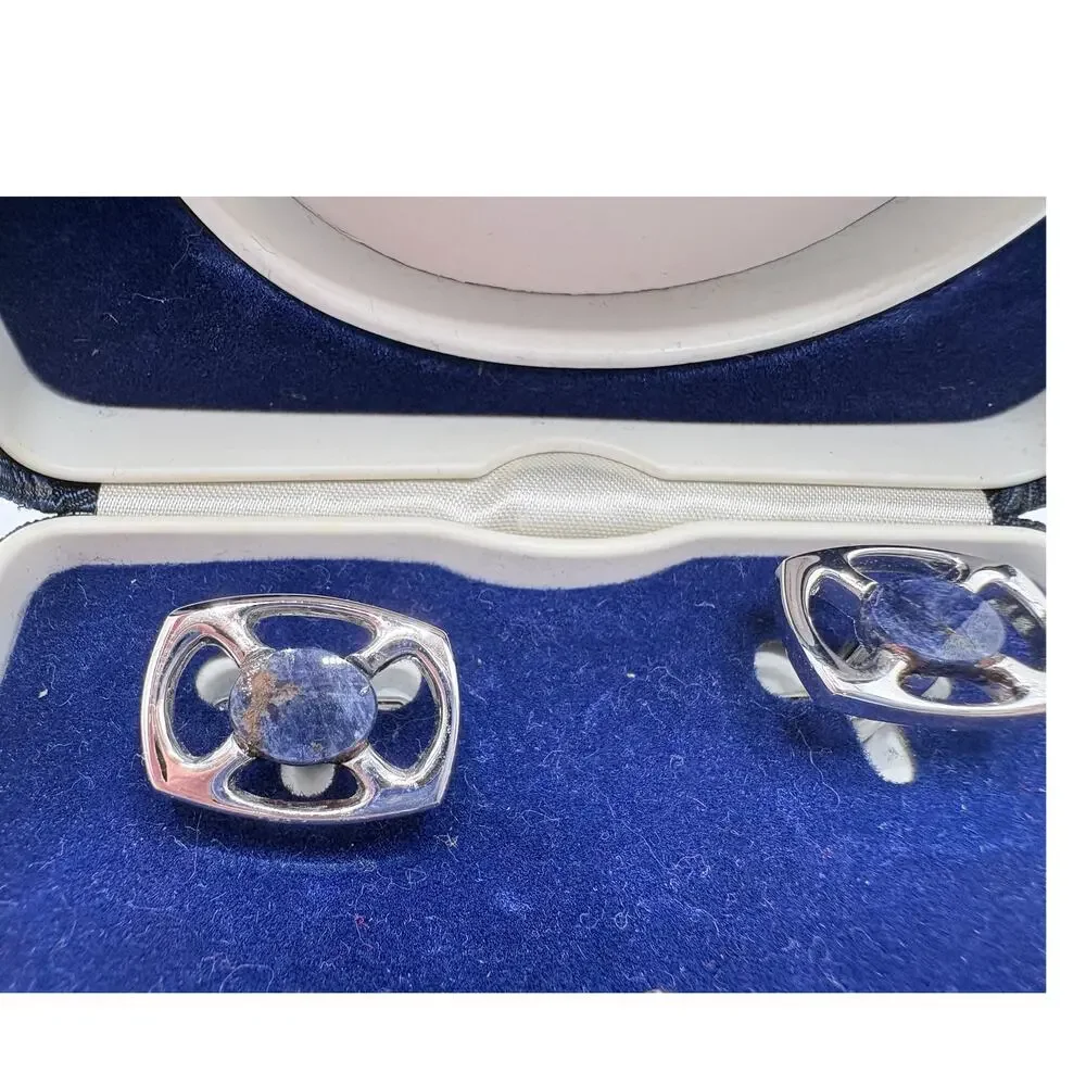 Vintage Swank Silver-Tone and Sodalite Agate Cufflinks and Tie Tack
